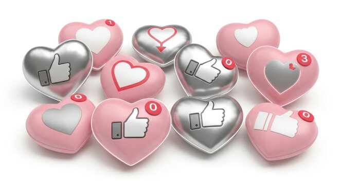Digital Validation: A Cluster of Pink and Silver 3D Hearts with Social Media Like and Love Icons.