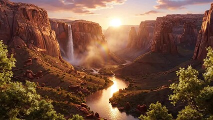Golden hour sunlight illuminating a spectacular hidden canyon with a river, waterfall, and lush vegetation - Powered by Adobe