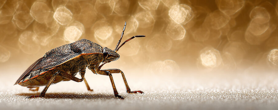 Close-up of a brown marmorated stink bug on a textured surface with a blurry warm background highlighting its intricate details