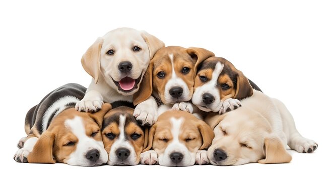 Pile of beagle and labrador puppies