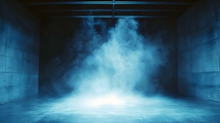Empty dark room with blue tinted concrete walls and floor filled with atmospheric swirling smoke or fog under dramatic moody lighting abstract background concept