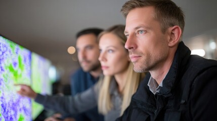 Diverse team analyzing radar screens in control room for strategic operation planning