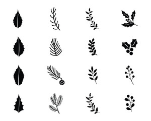 holly leafs christmas set collection pack bundle black shape icon silhouette vector flat illustration design on white background