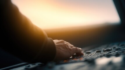 Pilot operating aircraft control panel buttons during flight with sunset background for aviation training or flight simulation