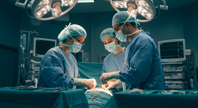 Skilled surgical team performing complex operation with intense focus under bright operating room lights