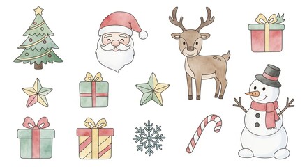 A collection of charming Christmas-themed illustrations, featuring a festive arrangement of a Christmas tree, Santa's face, reindeer, presents, stars, a snowman, and a candy cane, all in soft...