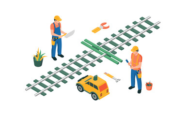 Isometric Railway Maintenance Crew: Repairing Tracks, Inspection Vehicle, Tools, and Plant, Representing Infrastructure, Transportation, and Skilled Labor for railway safety and maintenance.