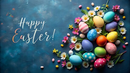 Happy easter greeting with colorful eggs and flowers on a dark textured background