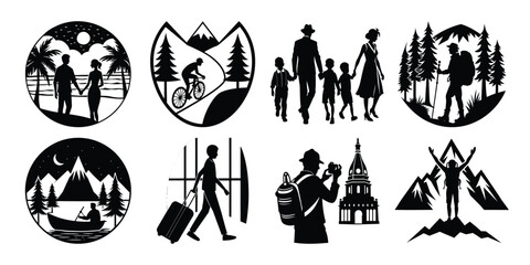 Collection of black and white silhouettes depicting travel and outdoor activities
