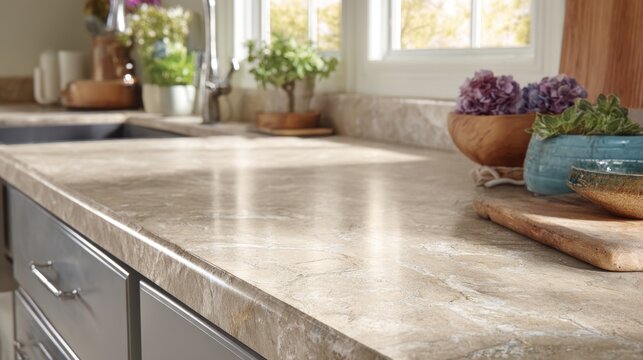 Closeup medium shot featuring a durable laminate countertop with a subtle glossy finish sharply focused against a softly blurred kitchen setting.