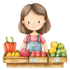 Fototapeta premium Watercolor Girl Selling Fresh Produce at a Rustic Wooden Market Stall