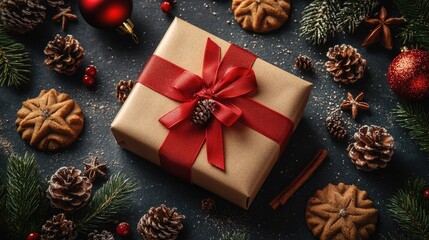 Fototapeta premium Christmas Gift Surrounded By Festive Decorations