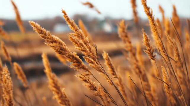 Close-up of golden, feathery grasses, softly lit by sunlight, fill the frame. A blurred, muted landscape forms the background