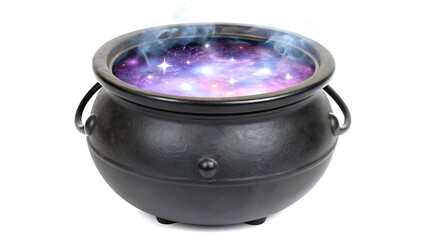 A black iron cauldron filled with a swirling, glowing galaxy and mystical purple nebula, emitting...
