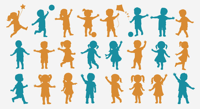 Vibrant silhouettes of cheerful children playing, perfect for educational materials and joyful designs, full of energy