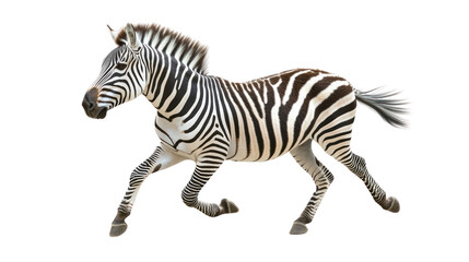 Zebra running fast on plain white background isolated on transparent background