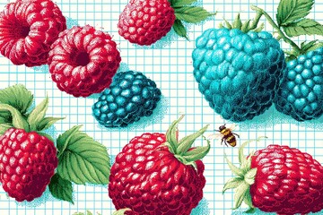 Ripe raspberries and blueberries with bee on checked background in a vibrant display of nature's bounty and freshness