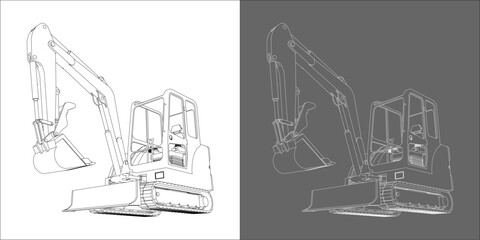 Mini excavator technical line drawing front isometric view with raised bucket © WINDERFULL STUDIO