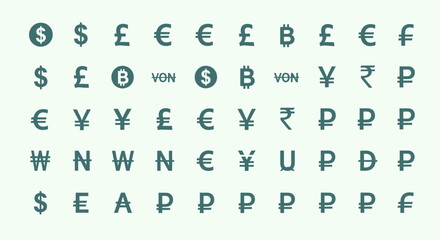 Diverse global currency symbols including Bitcoin, dollar, euro, yen, pound, rupee, ruble, won, and more