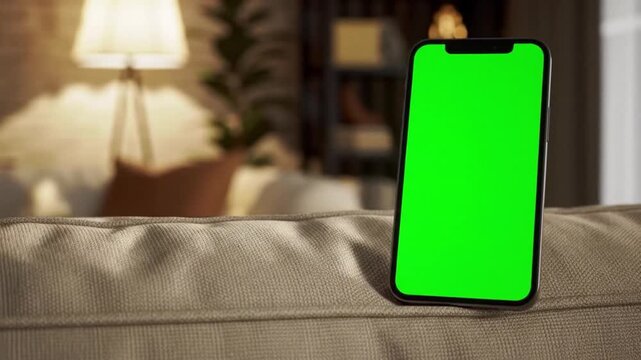 Smartphone with green screen on sofa