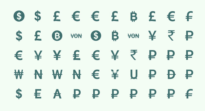 Diverse global currency symbols including Bitcoin, dollar, euro, yen, pound, rupee, ruble, won, and more