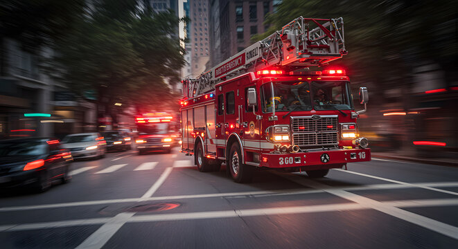 Red fire truck with flashing lights speeds through city streets in motion blur