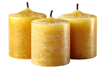 Elegant beeswax candles casting a gentle glow against a stark transparent background