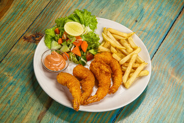Golden fry prawns with french potato