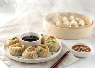 dumplings on round dish with soy sauce bowl icy clean look
