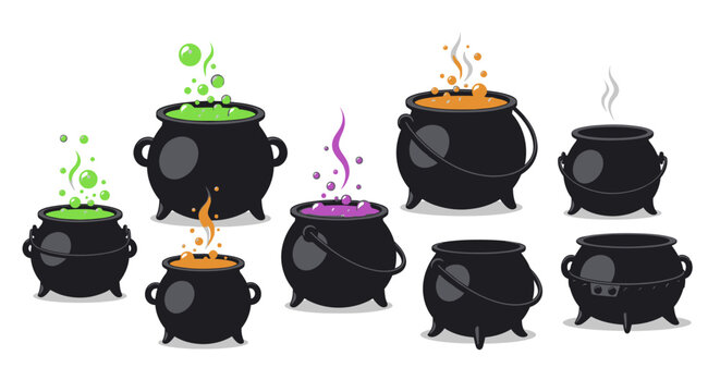 Magical bubbling cauldrons with colorful potions and swirling smoke, perfect for Halloween