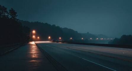 Obraz premium Foggy night highway with muted lights