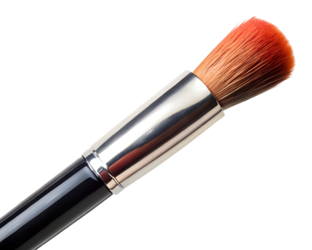 Closeup of a makeup brush with orange bristles and silver ferrule, isolated on transparent background