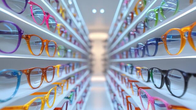 Colorful Eyeglass Store Display Rows Shelves Bright Optics Shop Interior Variety Selection