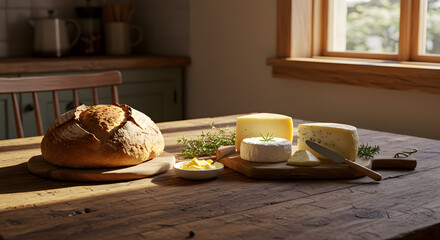Rustic bread and cheese board bathed in warm sunlight, perfect for a cozy kitchen scene or food blog feature