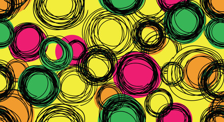 Vibrant abstract circles with playful scribbles on a bright yellow background pattern