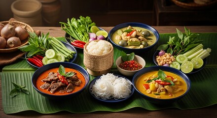 Assortment of Thai curries and accompaniments