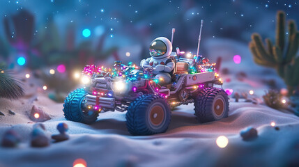 Astronaut navigating illuminated rover across alien terrain, colorful Christmas lights creating festive holiday ambiance under dark extraterrestrial sky