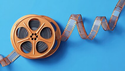 A copper-toned film reel with a winding strip of movie film on a vibrant blue background