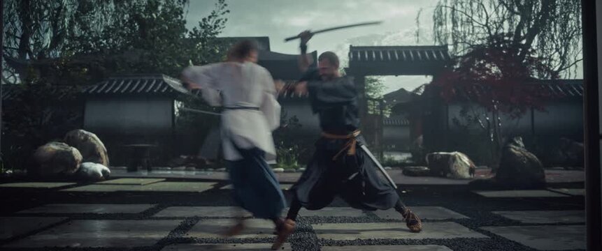 Cinematic Martial Arts Fight Between a Woman and a Man in Traditional Clothing, Filmed Outdoors. Japanese Scene Captures a Moment of Intense Rivalry and Historical Theater