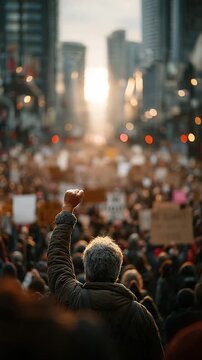 Uprising of Hope: A single person raises their fist in a symbolic gesture of protest, rallying a multitude of people amidst a backdrop of urban skyscrapers, demonstrating unity in a call for change. 