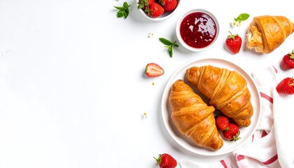 Croissants strawberries jam breakfast food