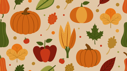 Colorful autumn illustration featuring pumpkins, leaves, and seasonal vegetables on a beige background, creating a warm and inviting fall atmosphere for seasonal decor and design