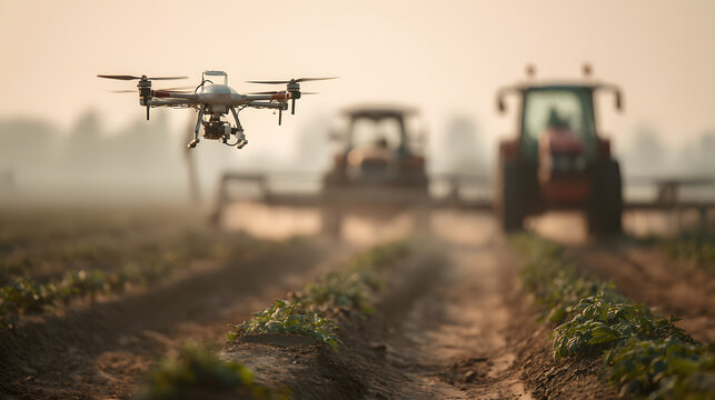 Aerial view of a modern farm with drones flying over large green fields spraying crops with precision technology under clear blue sky