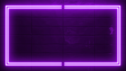 Wide dark image featuring vibrant glowing neon purple rectangular frame set against dark pink brick or tile wall. Neon light casts soft glow