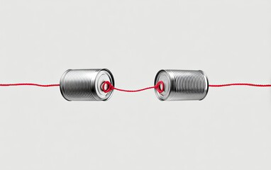 Two tin cans connected by a red string on a light gray background