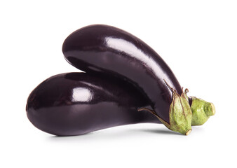 Fresh ripe eggplants on white background