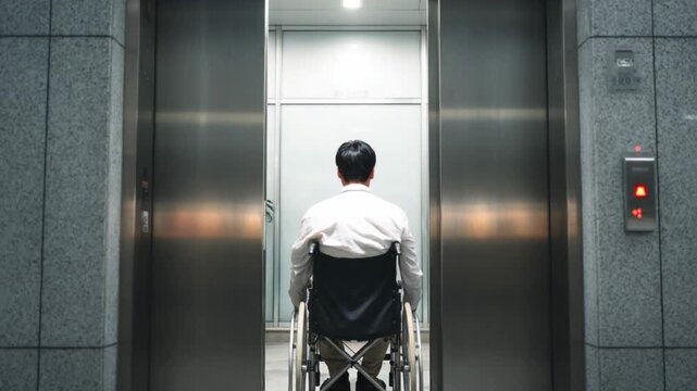 Person in Wheelchair Entering Elevator: A man in a wheelchair waits to enter a modern elevator, symbolizing accessibility and inclusivity in urban settings. 