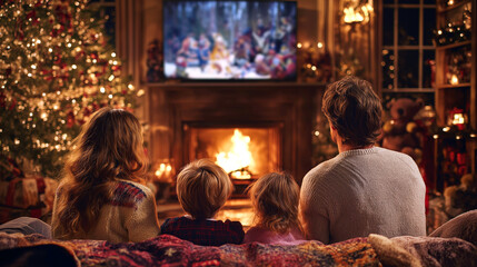 A family in front of the fireplace watching classic Christmas movies, cozy home setting, evening light.