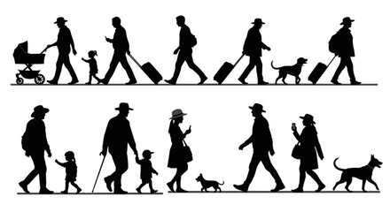 Dynamic silhouette crowd of people walking with luggage, children, and pets on white background