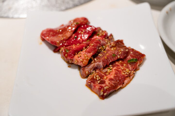 Beef meat for grilling in BBQ restaurant.